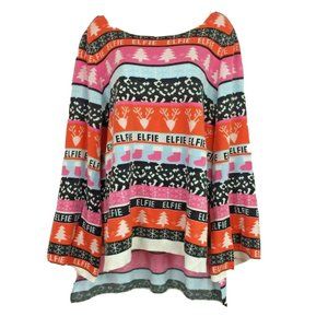 Winter‎ Christmas Sweater ELFIE Hi Low Stripe Split Sleeves Trees Deer Orange XL